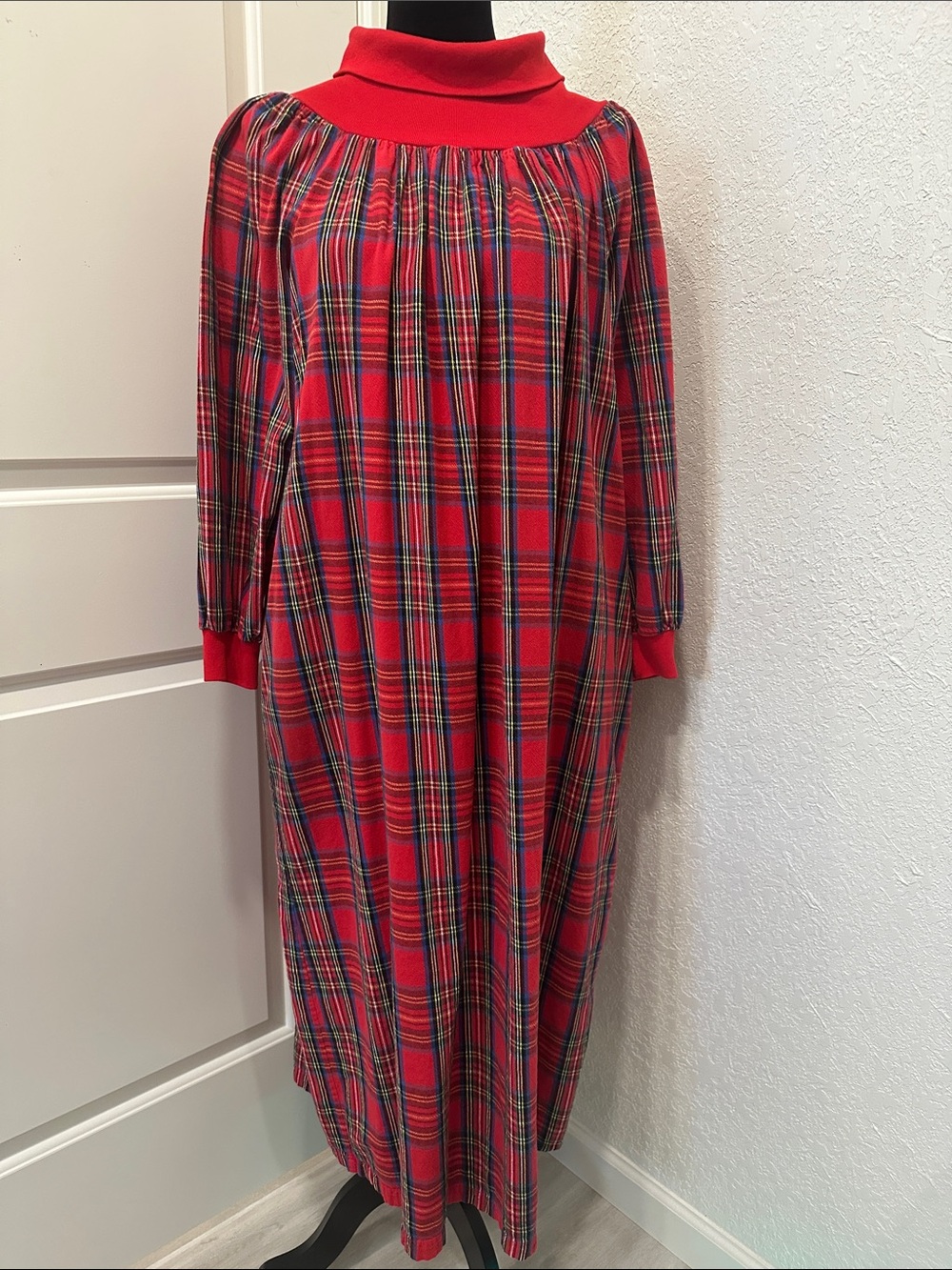 The Vermont Country Store Christmas Flannel Plaid Long Nightgown with Cowl Neck